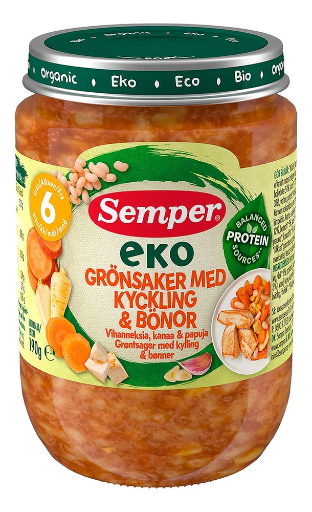 Semper EKO grøntsager med kylling & bønner Ø 6+ mdr. – 190 g. v:1073146 Semper EKO grøntsager med kylling & bønner Ø 6+ mdr. – 190 g. v:1073146