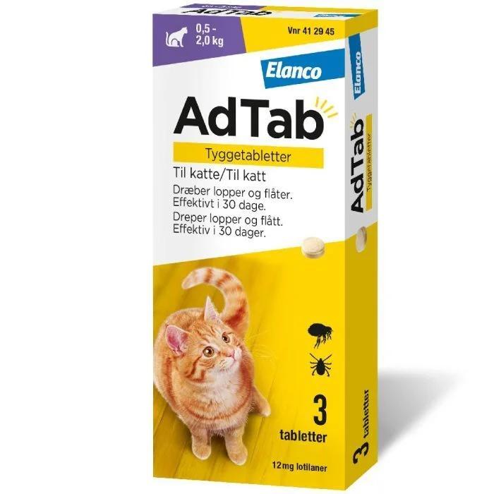 AdTab 12 mg tyggetabletter til katt (0,5-2kg) – 3 stk v:2498607