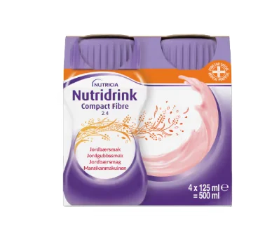 Nutridrink Compact Fibre 2,4 kcal jordbærsmak 4×125 ml v:1769409 Nutridrink Compact Fibre 2,4 kcal jordbærsmak 4×125 ml v:1769409