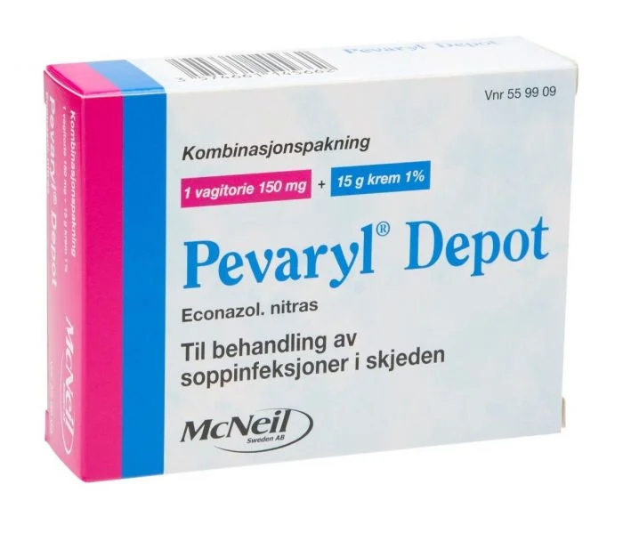 Pevaryl Depot 150 mg vagitorie + 1% krem kombinasjonspakke 1+15 g v:3669370 Pevaryl Depot 150 mg vagitorie + 1% krem kombinasjonspakke 1+15 g v:3669370